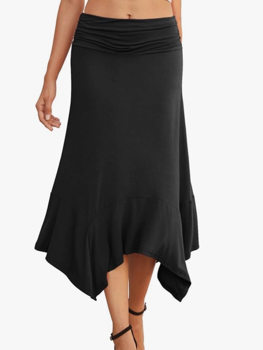 PRINSTORY New Black Stretchy Pull On Skirt Peplum Handkerchief Hemline Size XL